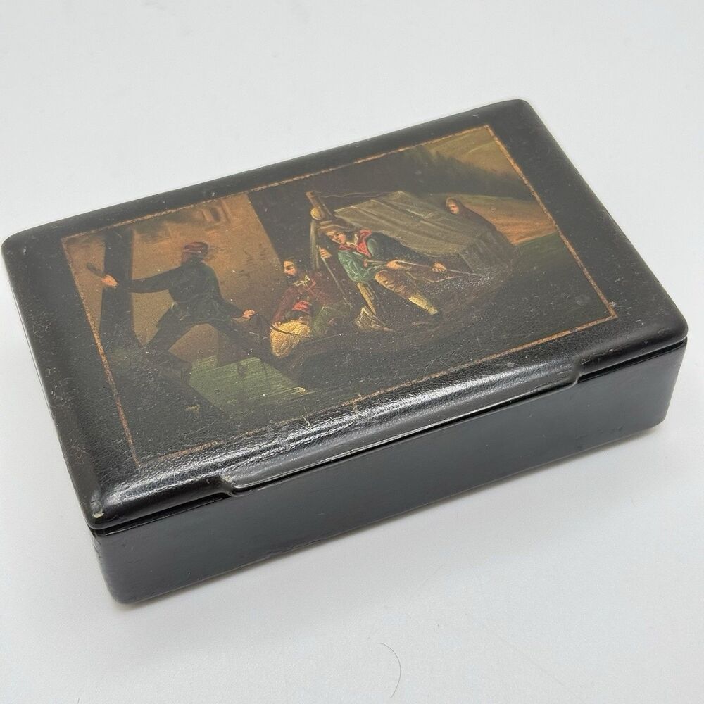 Victorian Papier Mache Lacquer Box Napoleonic Military Scene Trinket Snuff Box